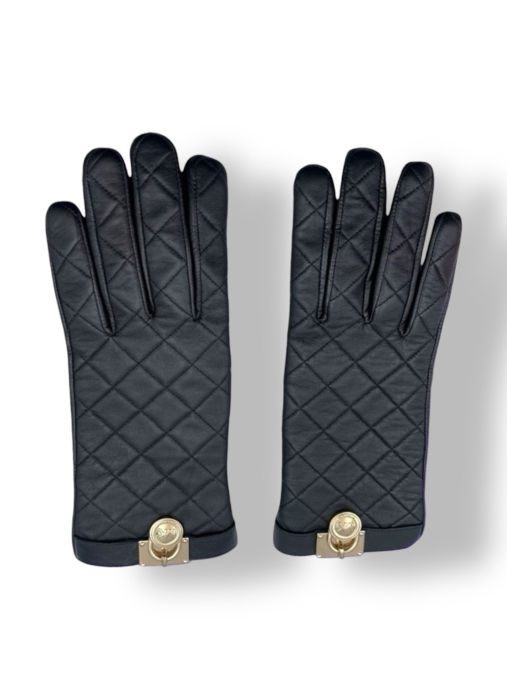 Michael Michael Kors Quilted Black Leather Gloves with Gold Detail